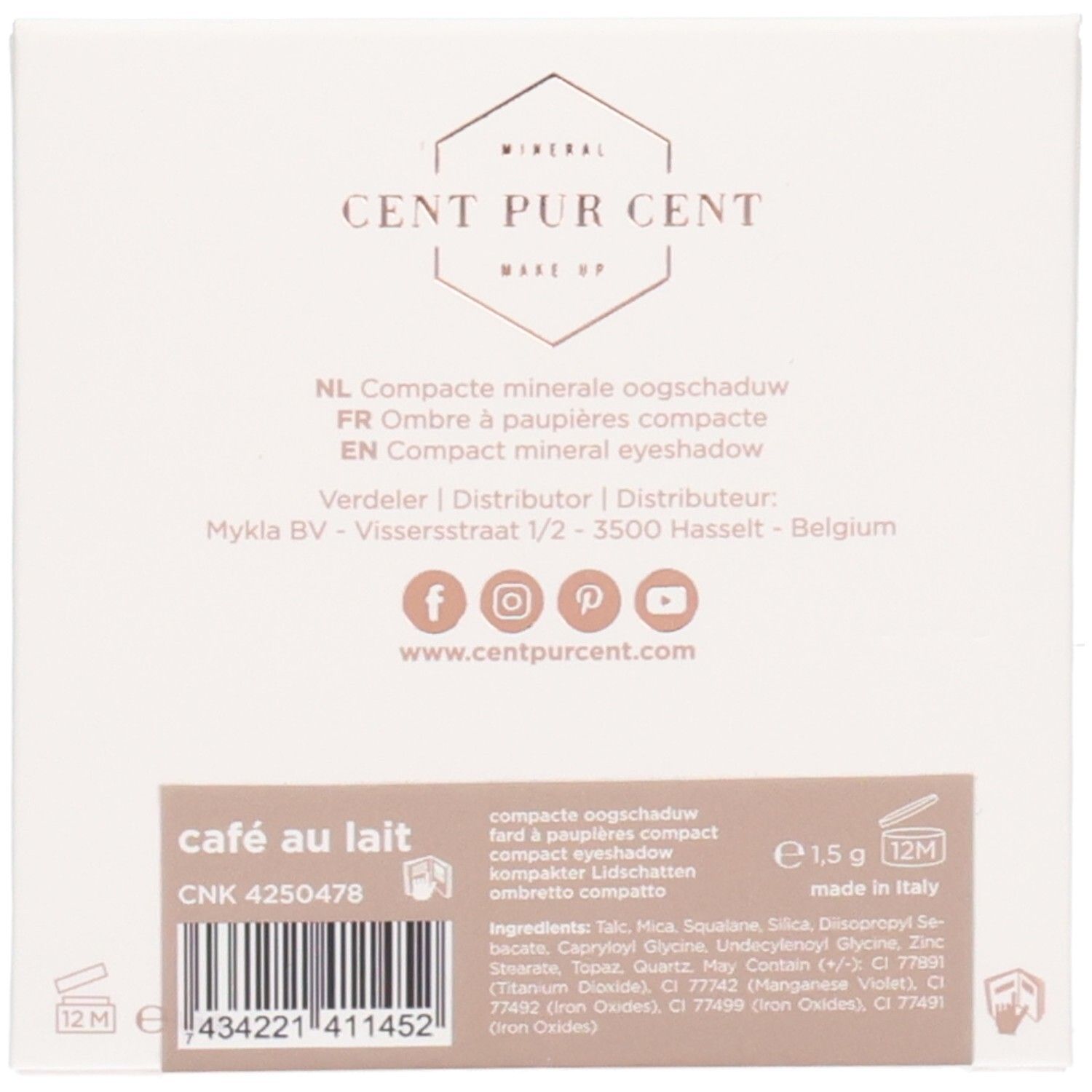 Cent Pur Cent Mineral Make Up: Rückseite der Verpackung mit Produktinformationen und Barcode.