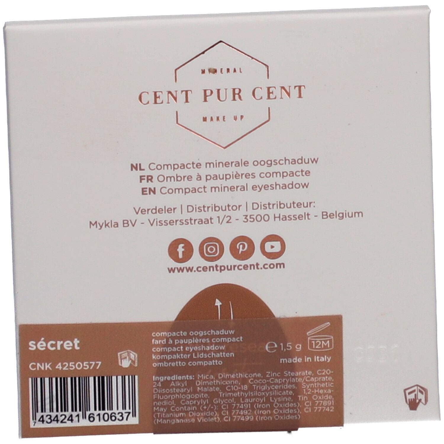 Rückseite der Lidschattenverpackung. Marke: Cent Pur Cent. Text: Compact mineral eyeshadow, Inhaltsstoffe, CNK 4250577.
