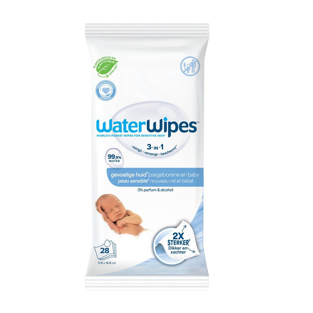Weiße WaterWipes-Verpackung mit Logo und Baby-Illustration. 3-in-1, für empfindliche Haut. 28 Tücher.
