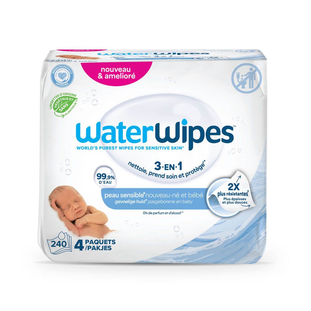 WaterWipes Feuchttücher-Packung. 4 Packungen mit 240 Tüchern. Aufdrucke: 99,9% Wasser, 3-in-1, für empfindliche Haut, 2x dicker.