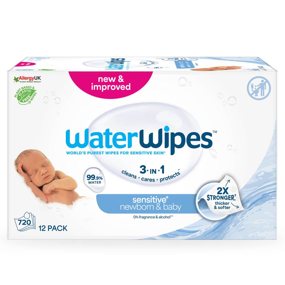 WaterWipes®-Packung mit 12 Stück. Für empfindliche Haut. 3-in-1: reinigt, pflegt, schützt. Ohne Duftstoffe und Alkohol.