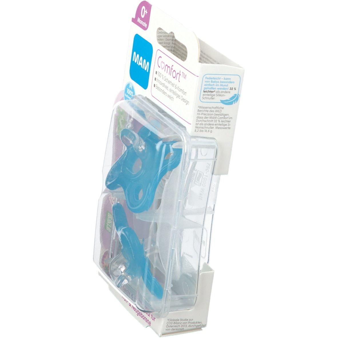 Verpackung mit zwei blauen Schnullern, Marke MAM Comfort. Ansicht von der Seite. Geeignet für 0+ Monate. Weiches Silikon.