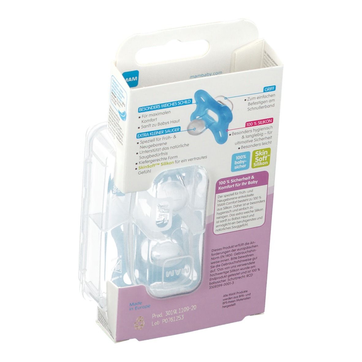 Rückseite der Verpackung mit zwei blauen Schnullern. Marke MAM Comfort. Geeignet für 0+ Monate. Produktinformationen.