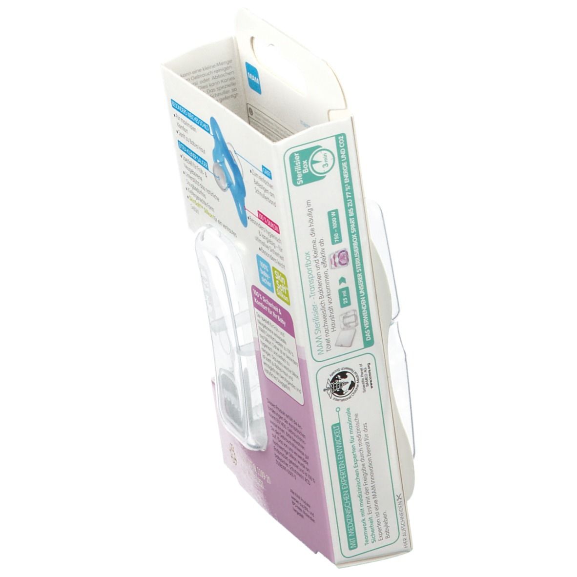 Seitenansicht der Verpackung mit Produktinformationen. Marke MAM Comfort. Geeignet für 0+ Monate. Recycling-Symbol.