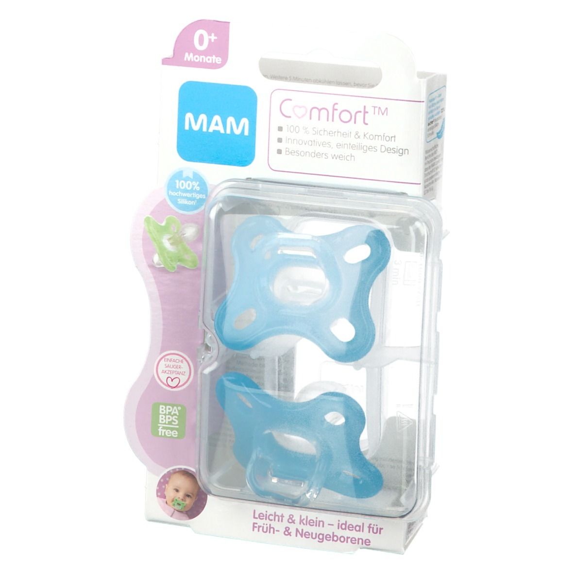 Verpackung mit zwei blauen Schnullern. Marke MAM, Comfort. Geeignet für 0+ Monate. BPA/BPS-frei. Weiches Silikon.