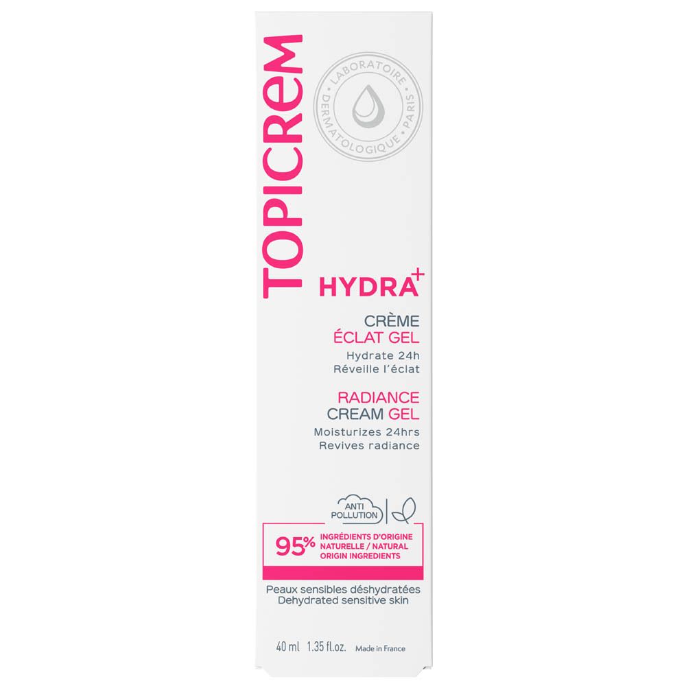 Weiße Tube mit rosa Verschluss. TOPICREM Hydra+ Crème Éclat Gel. 40ml. Für sensible Haut.
