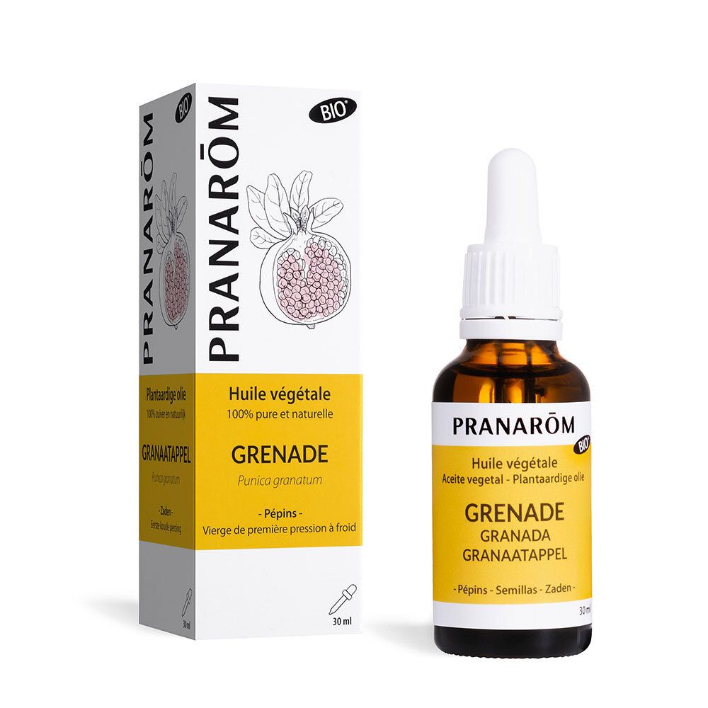 Braune Glasflasche mit Pipette und Karton. Aufschrift: PRANARÔM, Granatapfel. Bio-Zertifizierung.