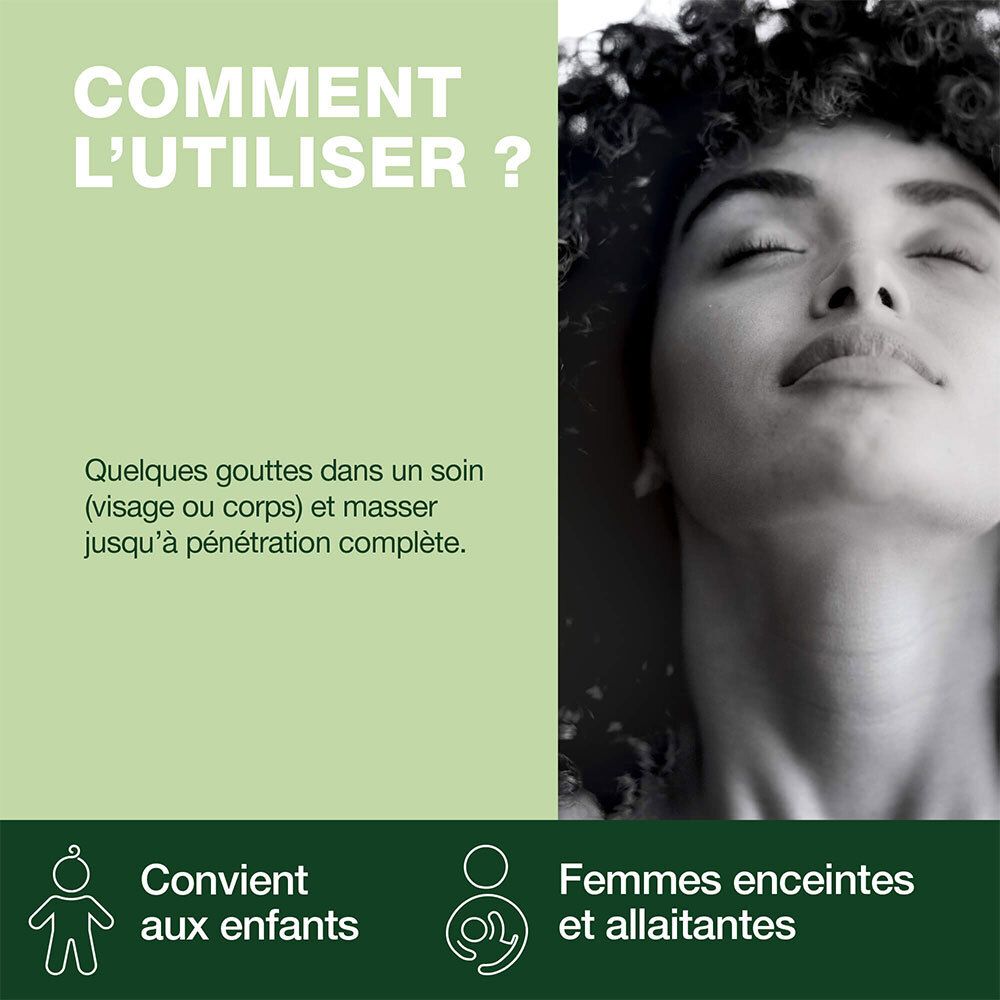 Femme aux yeux fermés. Texte : Application : quelques gouttes sur le visage ou le corps.