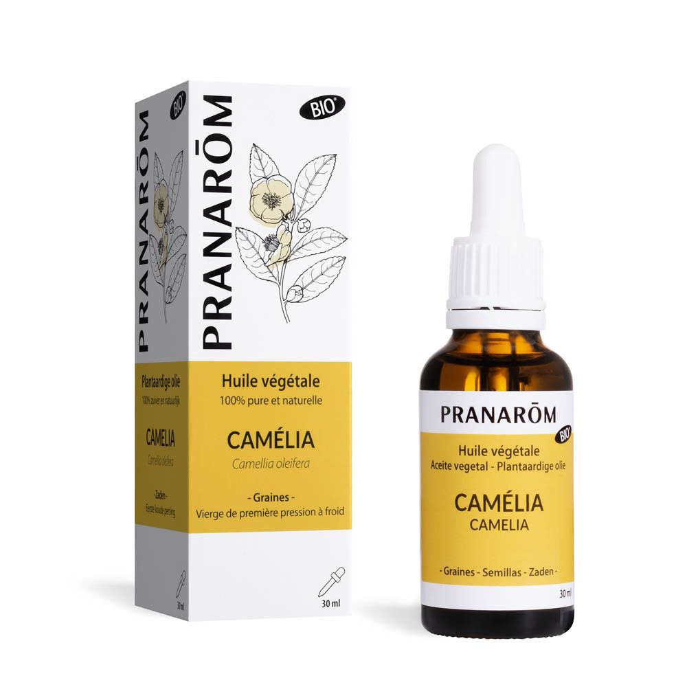 Produktflasche und Schachtel. Auf der Schachtel steht PRANARÔM, CAMÉLIA, BIO-Logo und weitere Informationen.