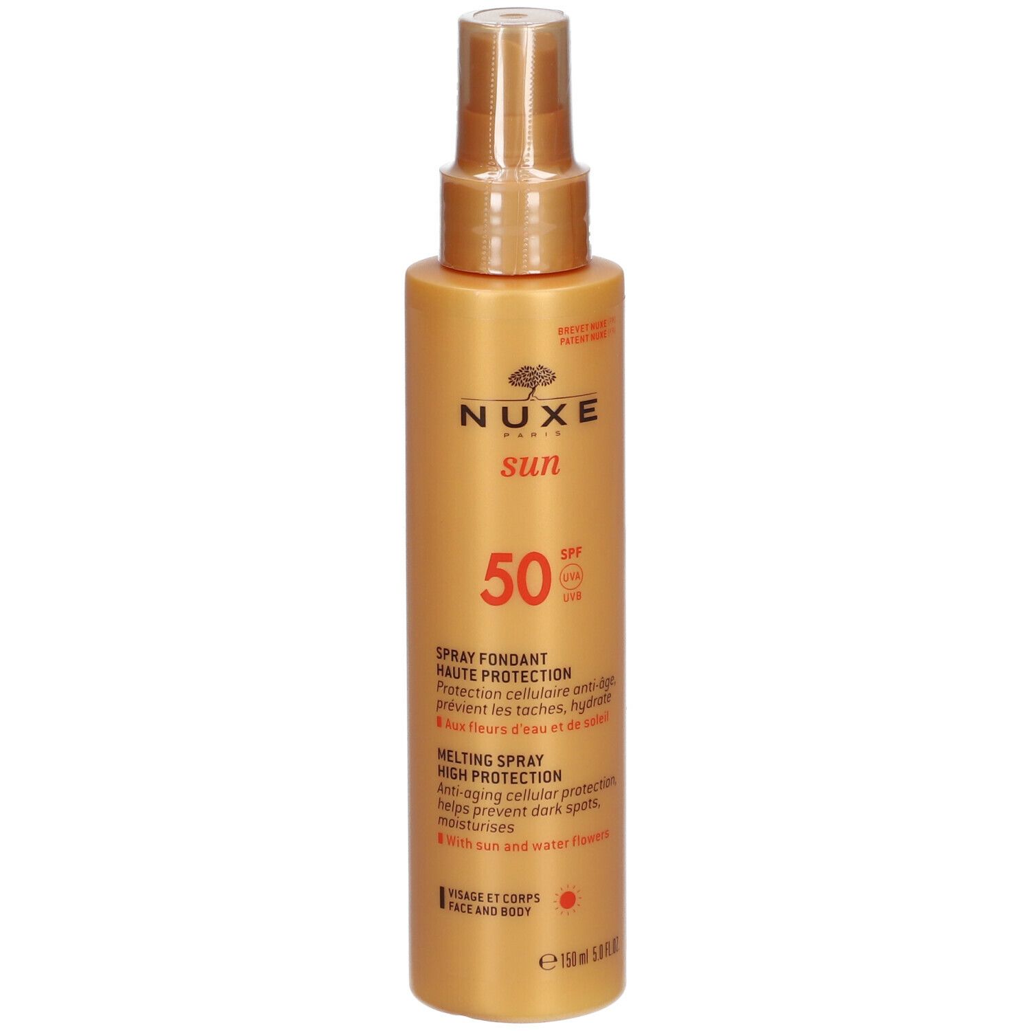 Flacon spray doré avec inscription NUXE sun SPF50. Texte en français et anglais. Visage et corps.