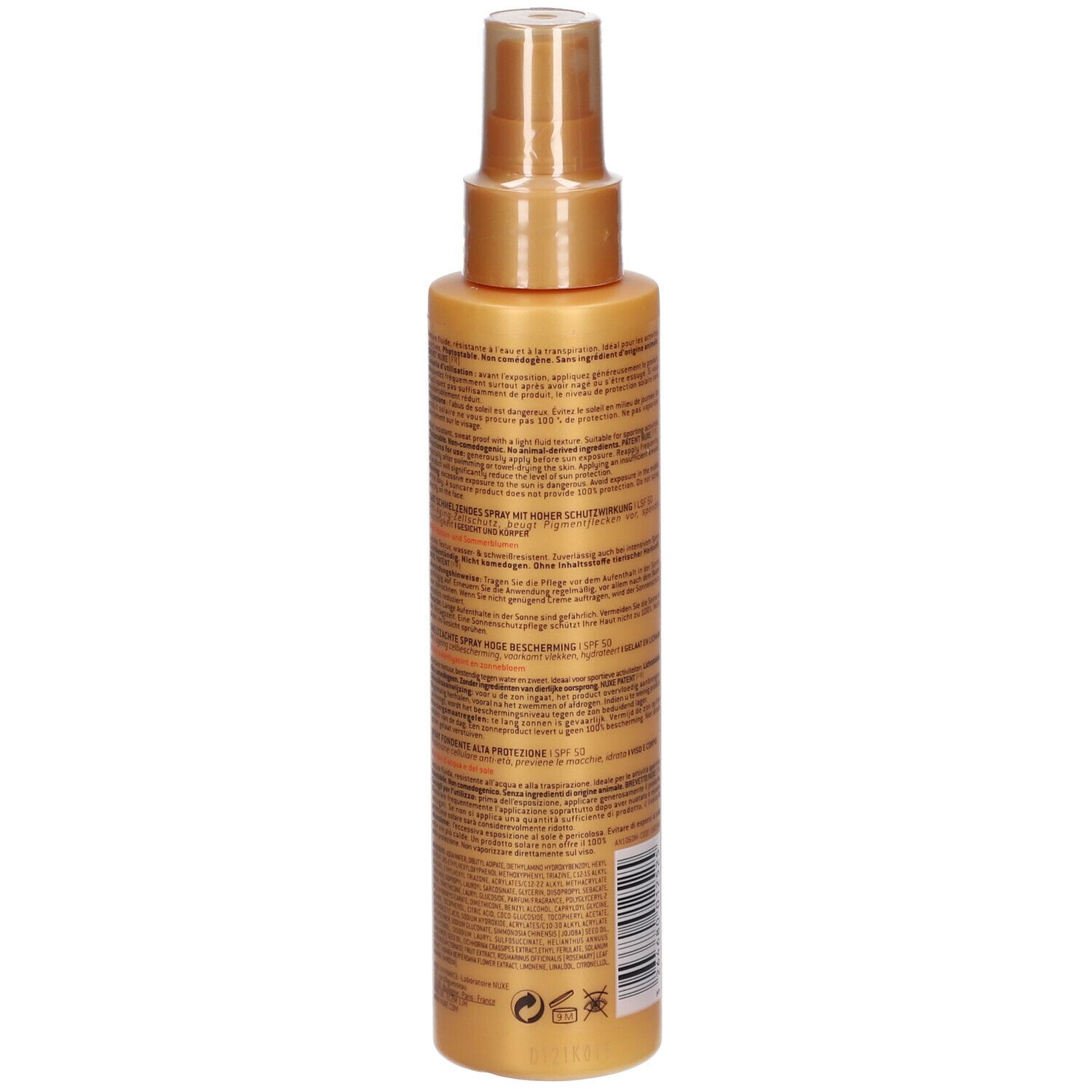Flacon spray doré. Dos avec texte en plusieurs langues. Contient des informations sur le produit.