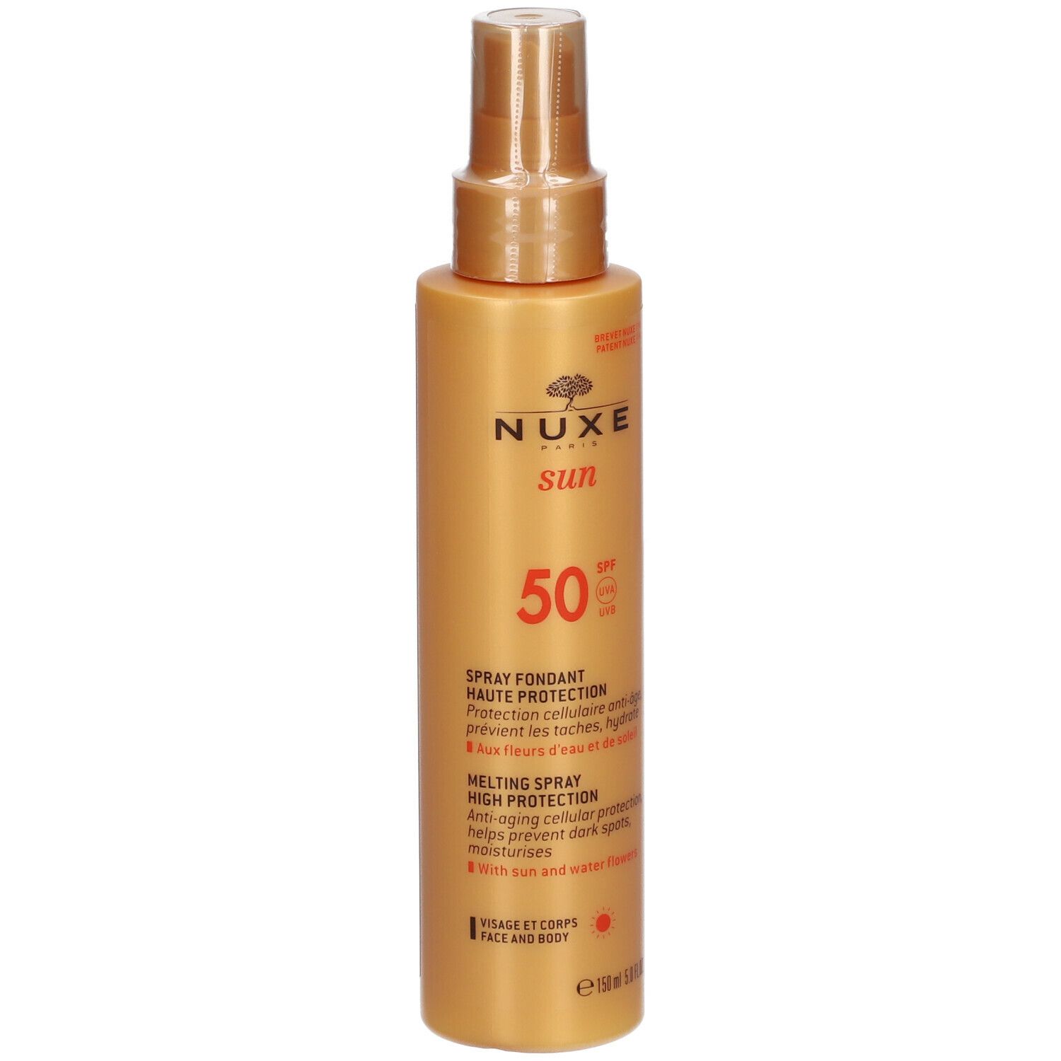 Flacon spray doré avec inscription NUXE sun SPF50. Texte en français et anglais. Visage et corps.