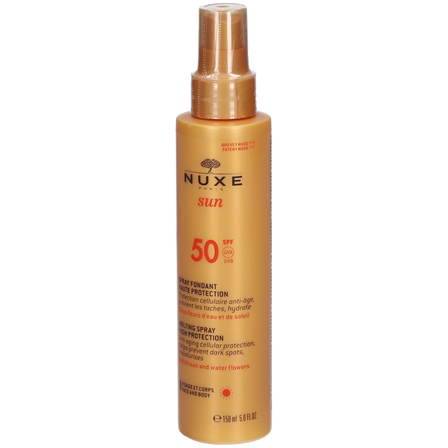 Flacon spray doré avec inscription NUXE sun SPF50. Texte en français et anglais. Visage et corps.