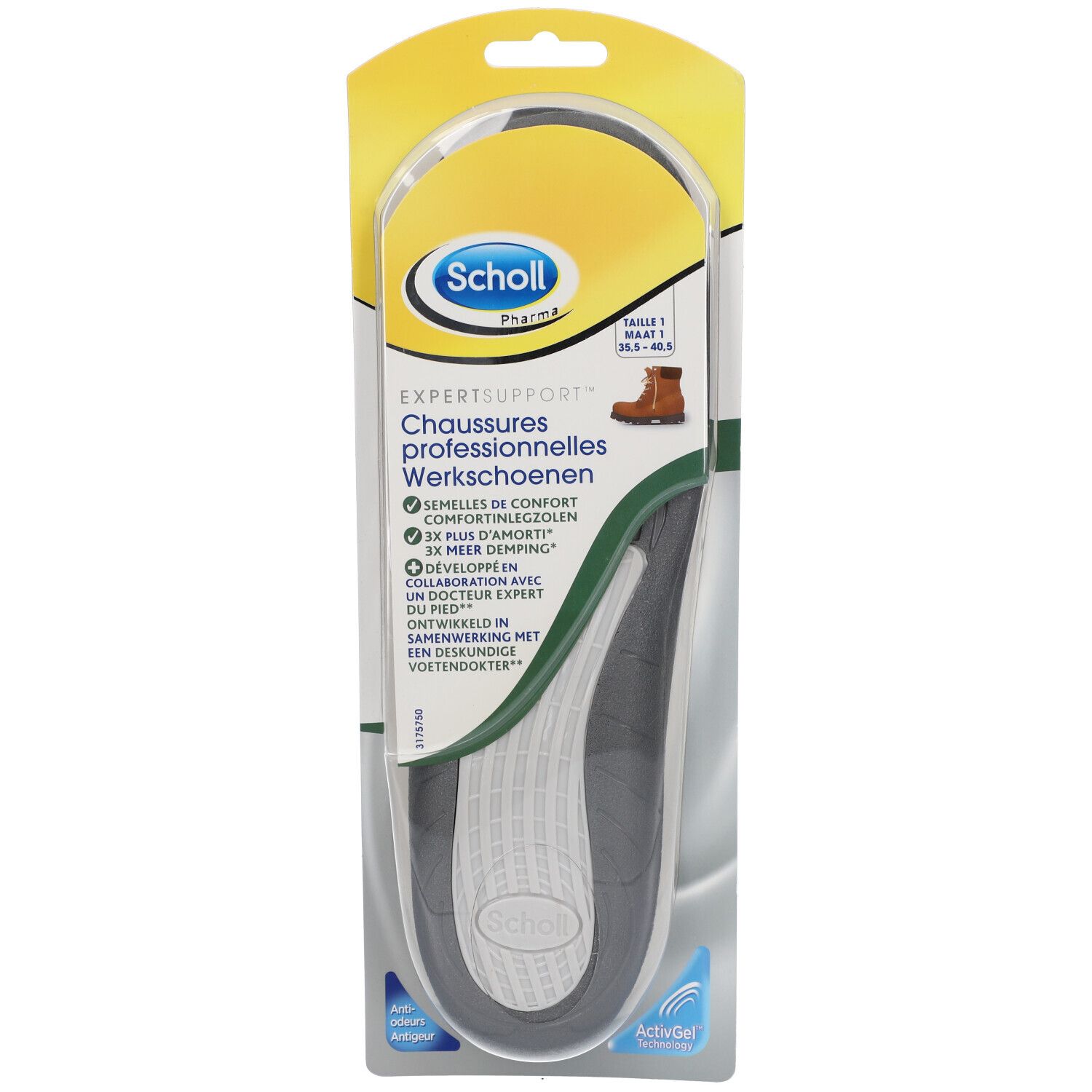 Semelles Scholl ActivGel en emballage. Visible: produit, marque, taille 1 (35.5-40.5), ExpertSupport, Chausssures professionnelles, Werkschoenen.