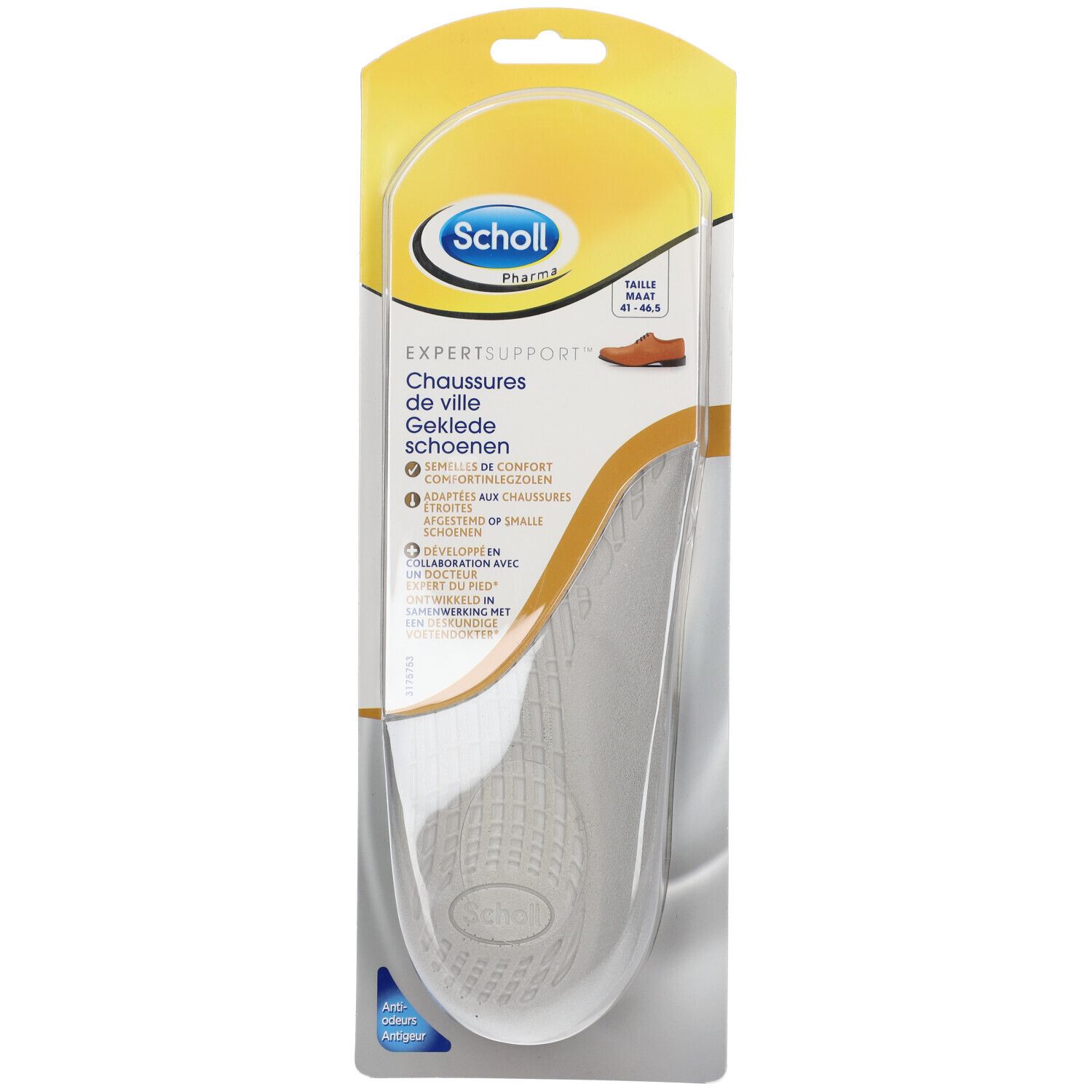 Scholl ActivGel Einlegesohlen in Verpackung. Sichtbar: Gel-Einlage, Größenangabe 41,5-46,5, Markenlogo.