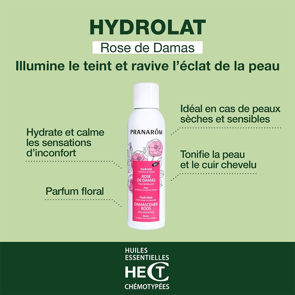 Flacon spray blanc, étiquette rose. Texte: PRANAROM, Rose de Damas, Hydrolat. Informations supplémentaires.
