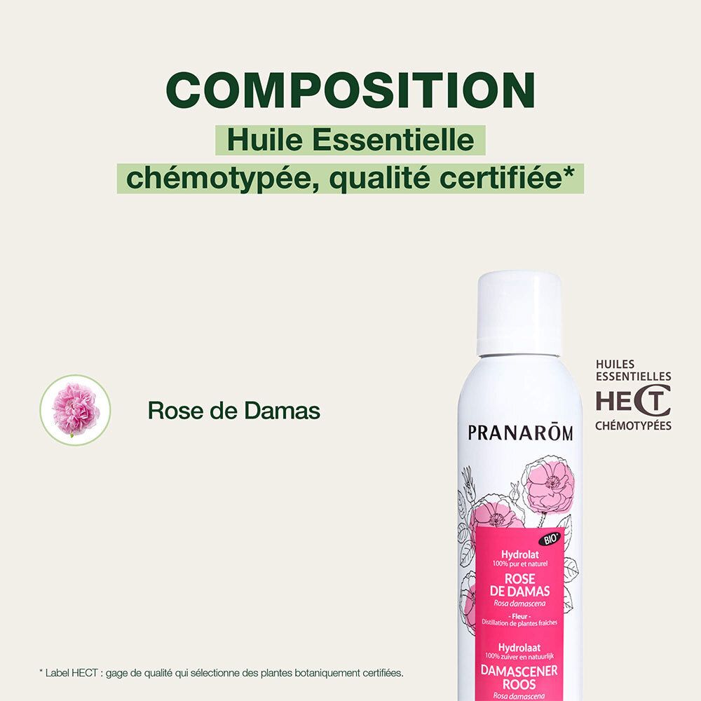 Flacon spray blanc, étiquette rose. Texte: PRANAROM, Rose de Damas, Hydrolat. Qualité certifiée.