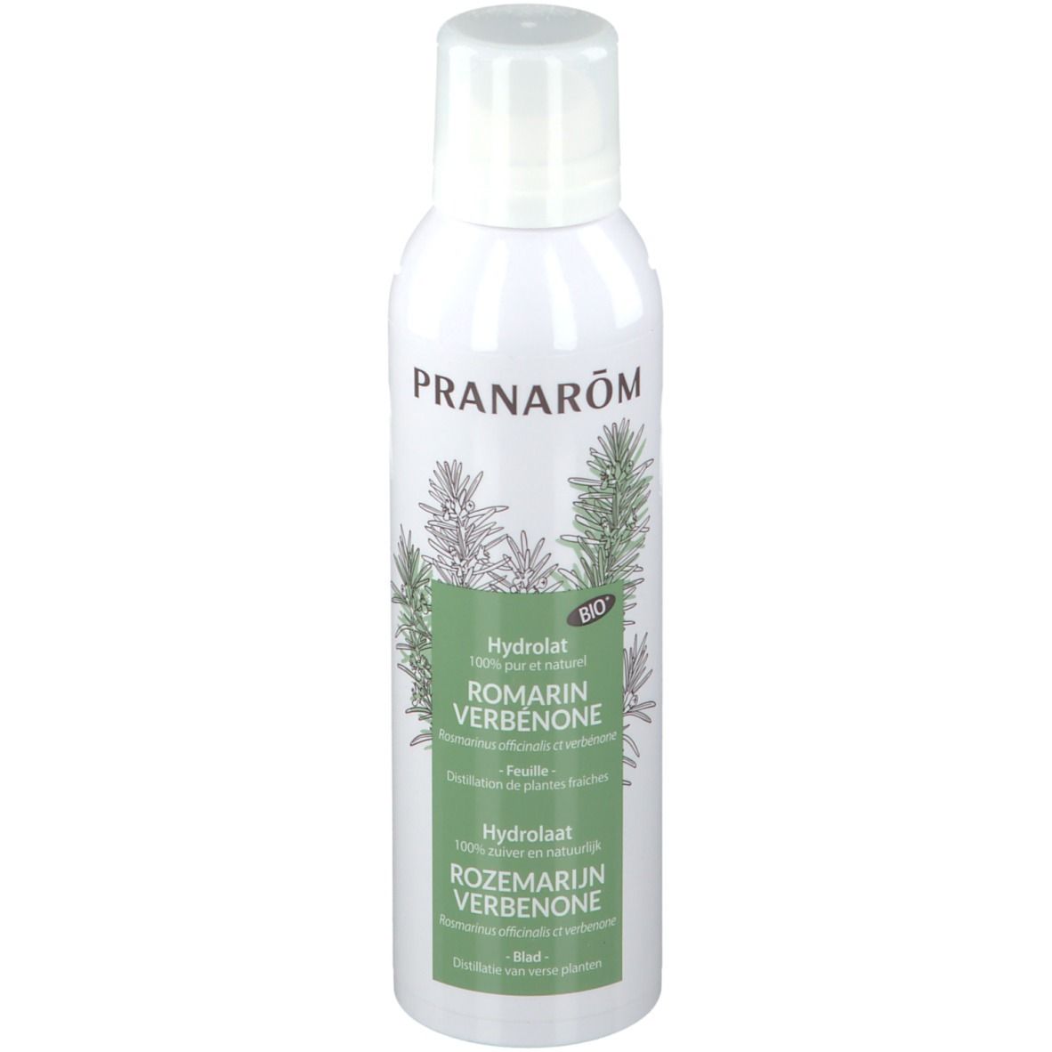 Weißes Sprühflasche mit grünem Etikett. Aufschrift: PRANAROM, ROMARIN VERBENONE, BIO. Abbildung von Rosmarinzweigen.