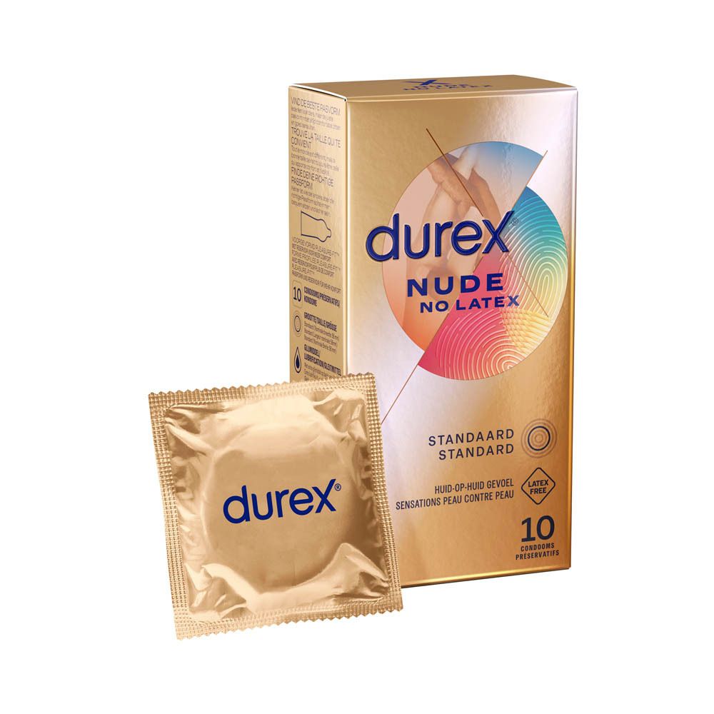 Boîte de préservatifs et préservatif individuel. Marque : Durex. Préservatif doré emballé.