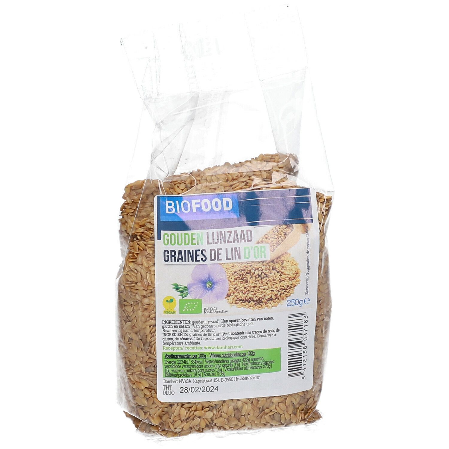 Sachet transparent de graines de lin dorées. Étiquette BIOFOOD avec nom du produit et label bio. Indication 250g.