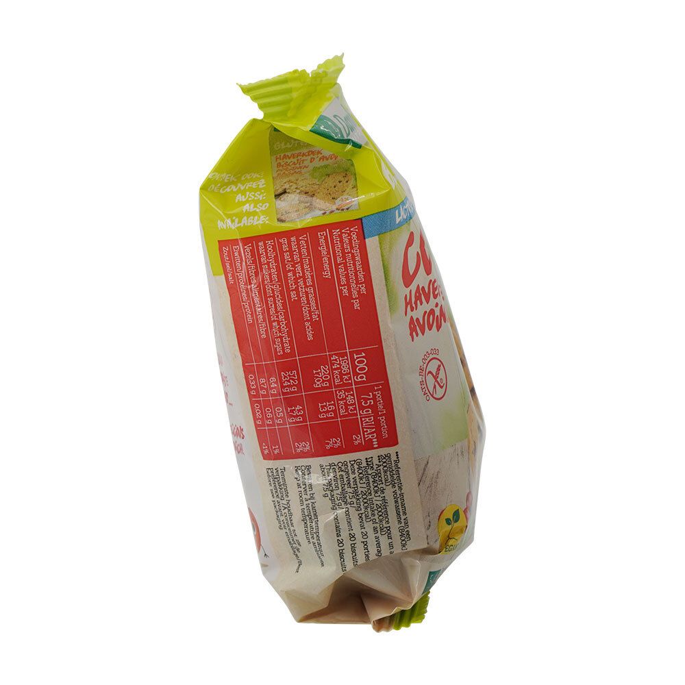 Verpackung von Keksen. Aufschrift: Gluten Free, Haferkekse. Rückseite mit Nährwertangaben und Zutatenliste.