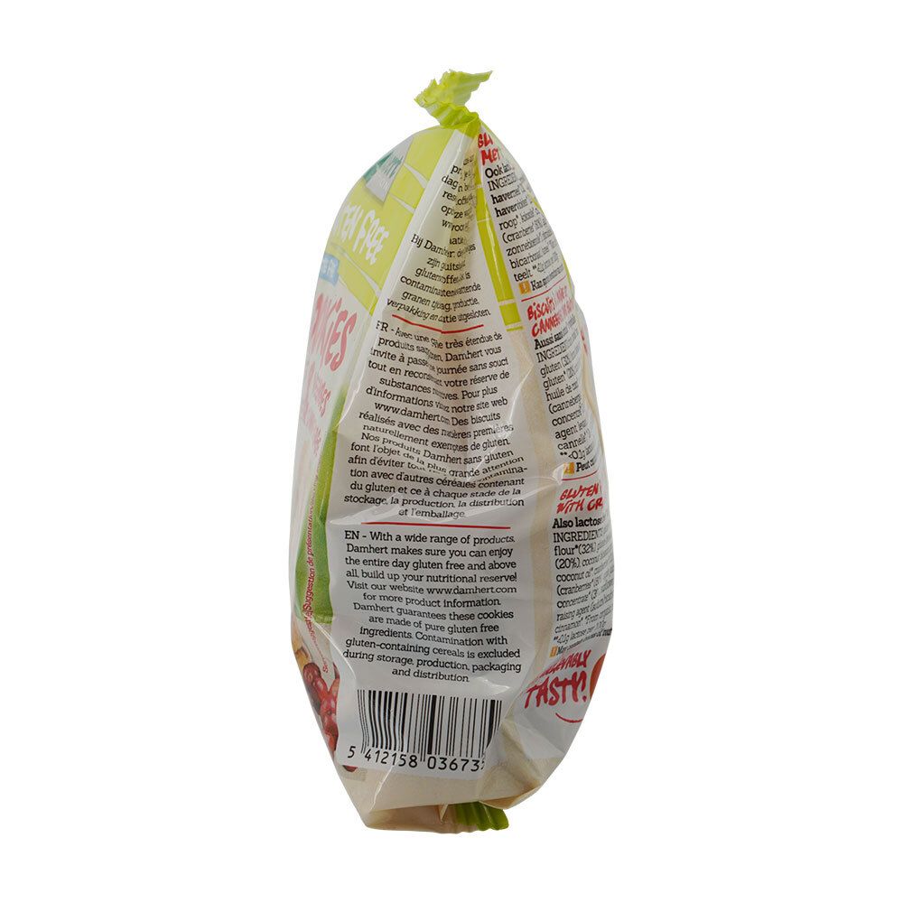 Kekspackung. Aufschrift: Gluten Free, Haferkekse. Seitenansicht mit Zutatenliste und Nährwertangaben. Bio-Siegel.