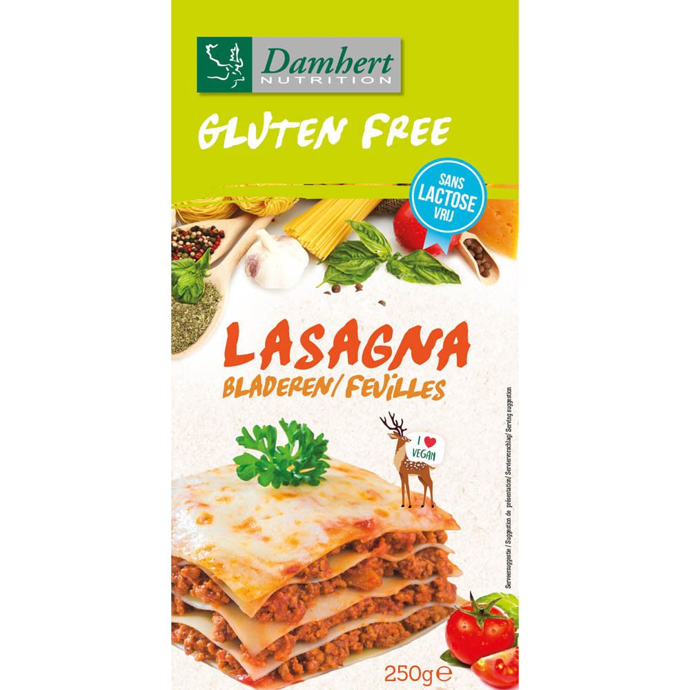 Verpackung mit Damhert Gluten Free Lasagne. Grün-weiße Schachtel mit Produktbild und Aufschrift Gluten Free, Lactose Vrij.