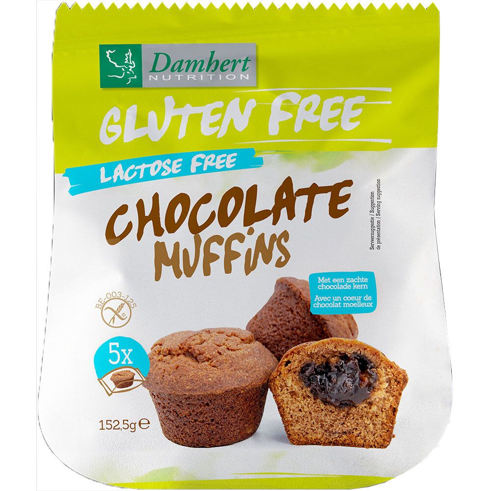 Verpackung mit Damhert Schokoladenmuffins, gluten- und laktosefrei. Zeigt Muffins, einer aufgeschnitten mit Schokoladenkern. 5 Stück.