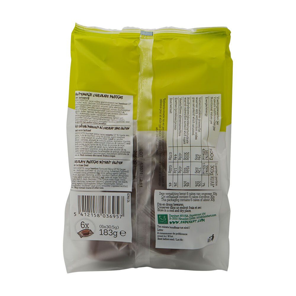 Rückseite der Damhert Schokoladenmuffins-Verpackung. Enthält Nährwertangaben, Zutatenliste und Barcode. 6 Muffins.