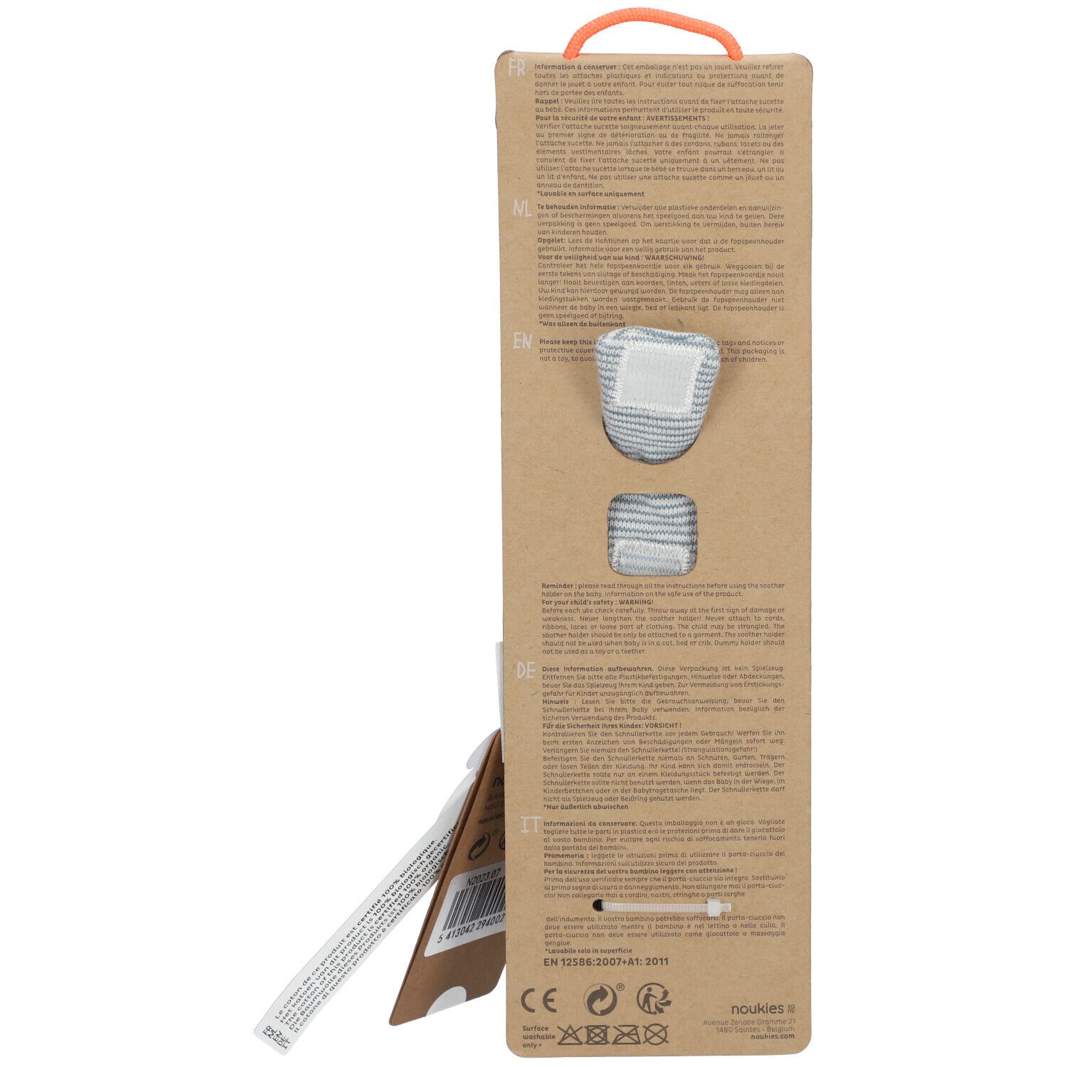 Dos de l'emballage de l'attache-tétine. Texte multilingue, poignée orange, instructions produit et d'entretien.