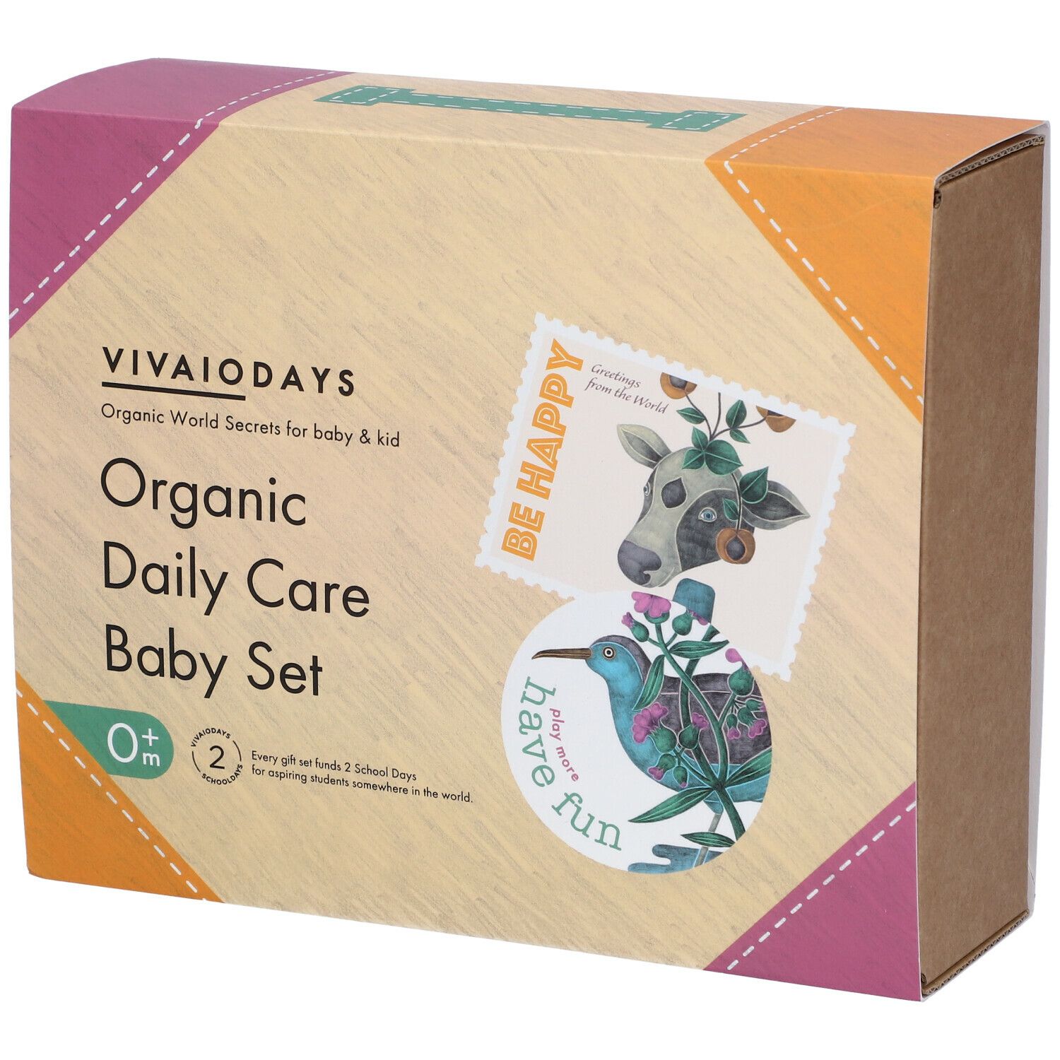 Verpackung des Baby-Pflegesets. Aufdruck mit Kuh- und Vogelmotiven, sowie Produktbezeichnung.