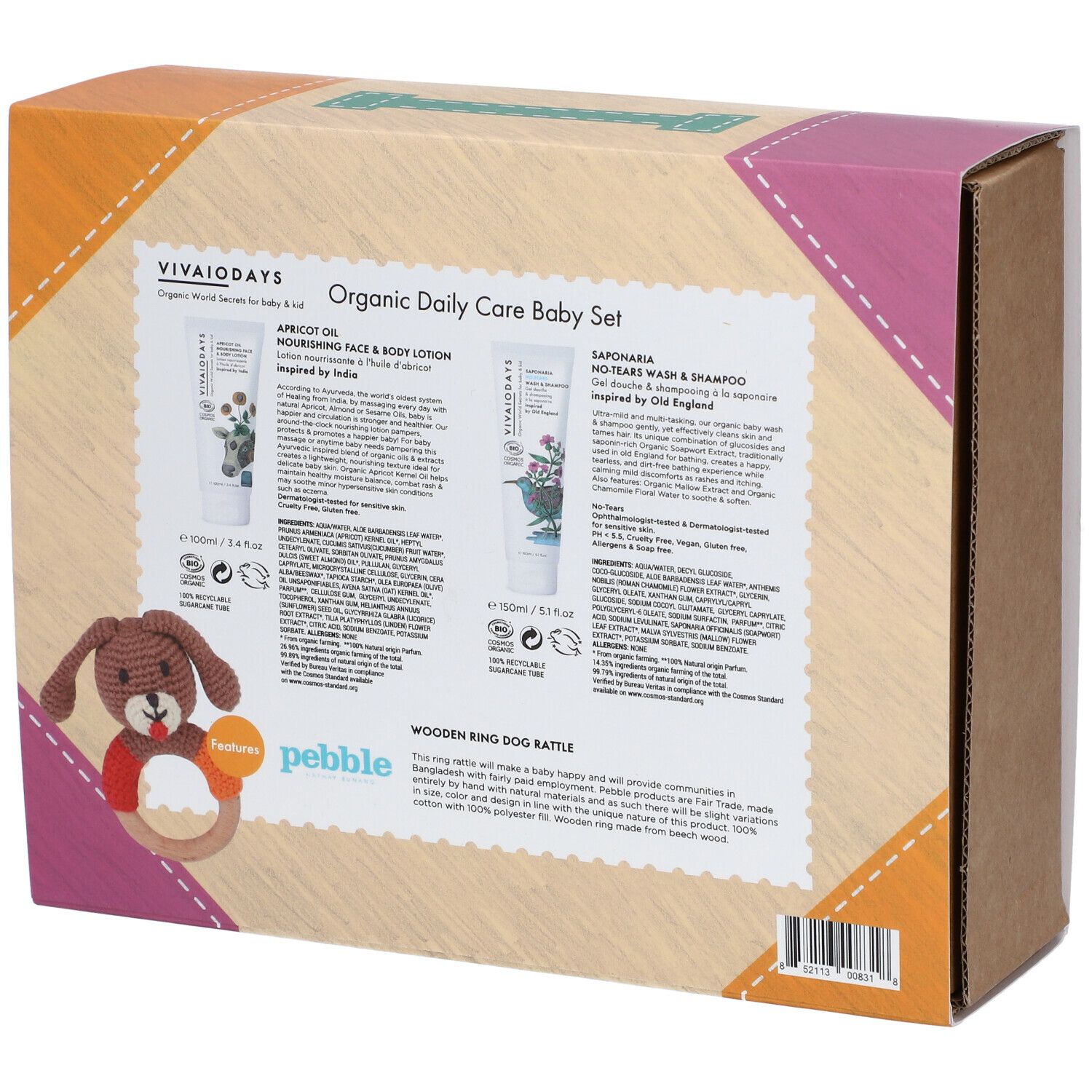 Seitenansicht der Verpackung des Baby-Pflegesets. Produktinformationen und ein Beißring sind sichtbar.
