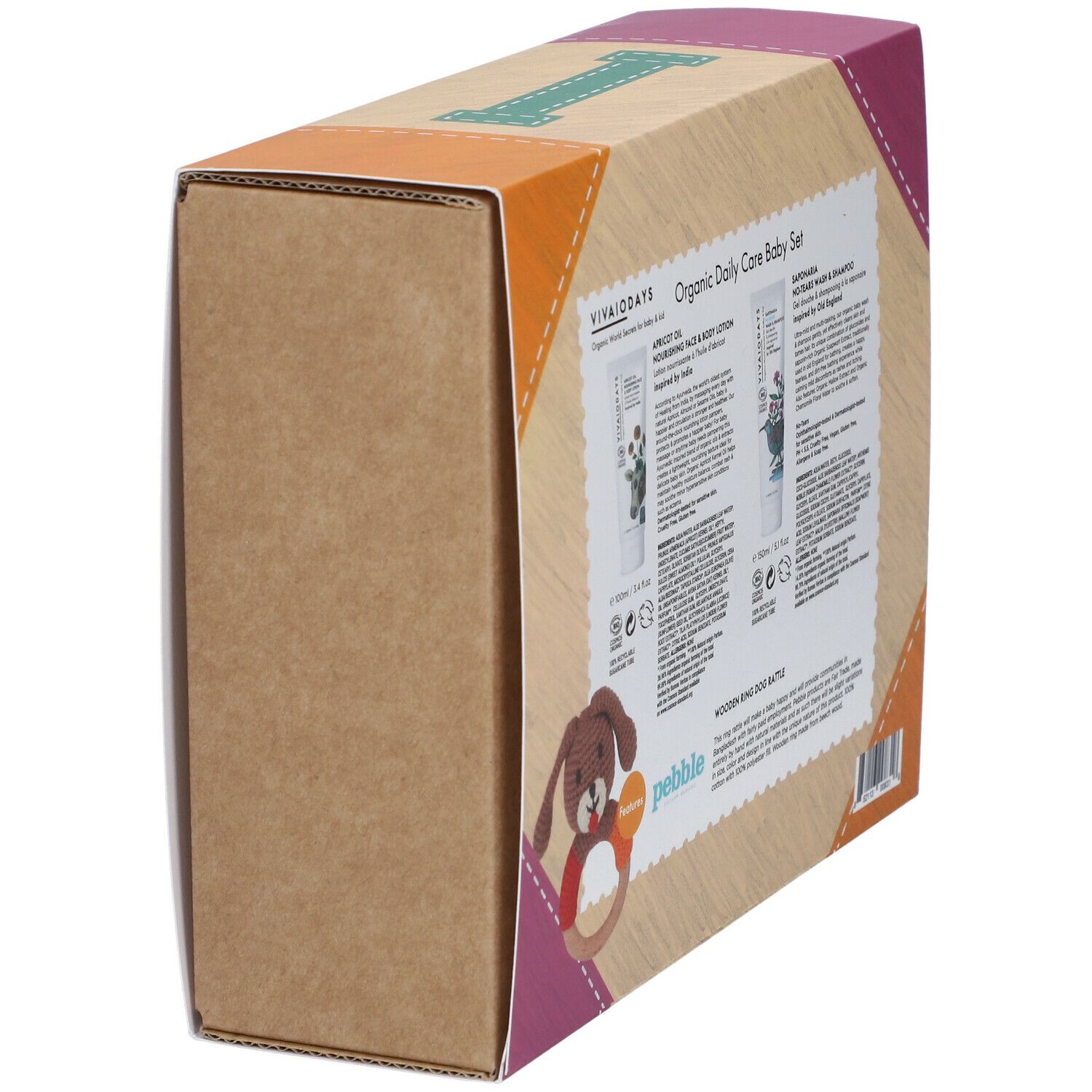 Seitenansicht der Verpackung des Baby-Pflegesets. Produktinformationen und ein Beißring sind sichtbar.
