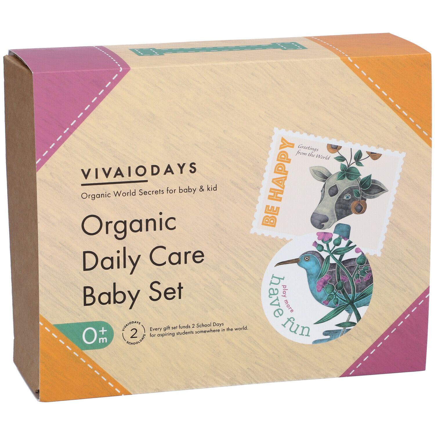 Verpackung des Baby-Pflegesets. Aufdruck mit Kuh- und Vogelmotiven, sowie Produktbezeichnung.