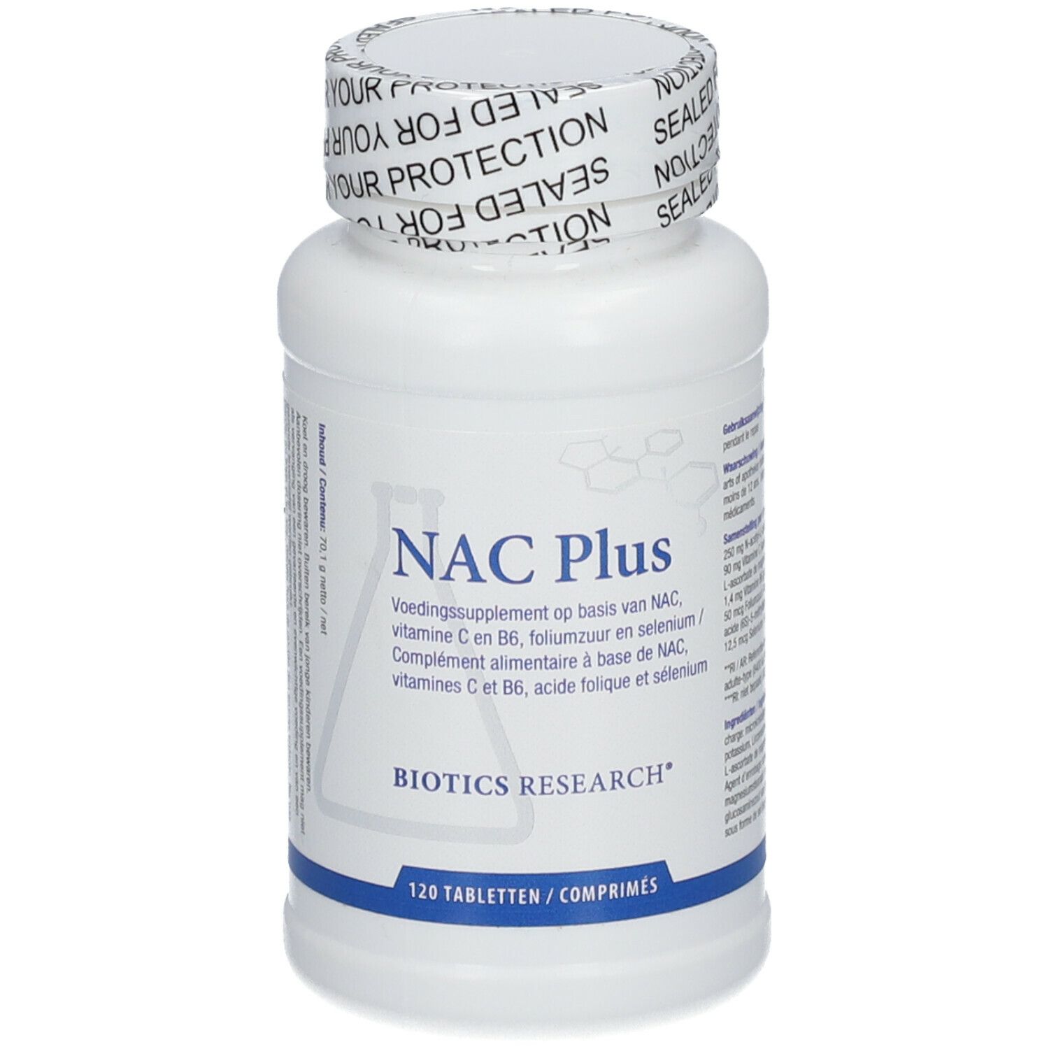 Flacon blanc avec étiquette NAC Plus. Logo Biotics Research. 120 comprimés. Bouchon avec impression 'YOUR PROTECTION'.