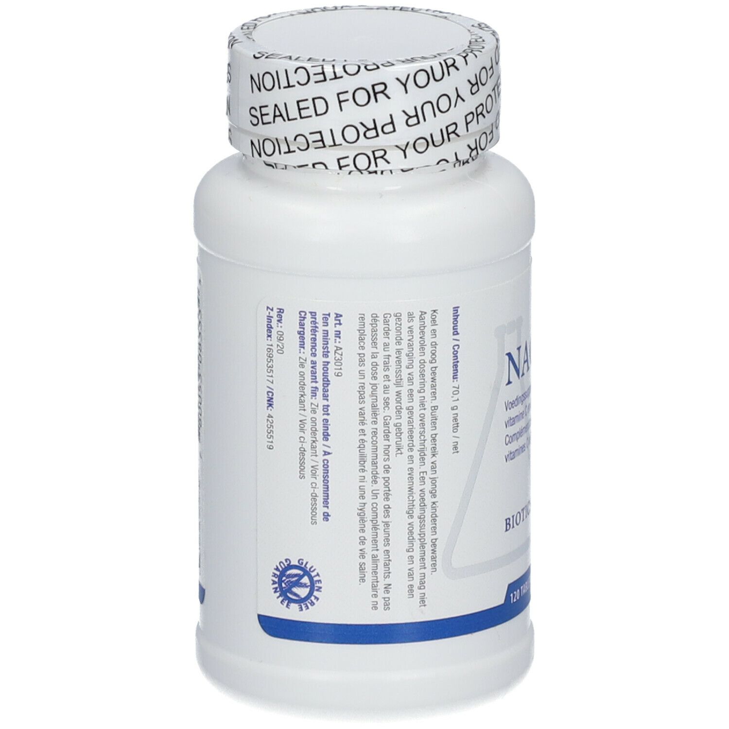 Dos du flacon blanc. Texte multilingue. Logo Biotics Research. 120 comprimés. Bouchon imprimé.