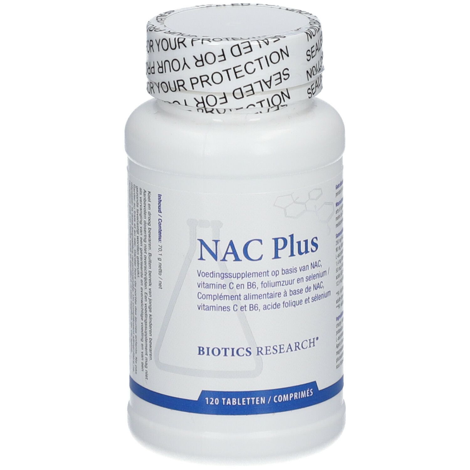 Flacon blanc avec étiquette NAC Plus. Logo Biotics Research. 120 comprimés. Bouchon avec impression 'YOUR PROTECTION'.