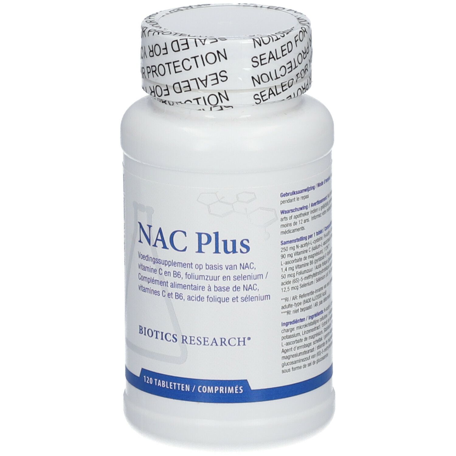 Flacon blanc avec étiquette NAC Plus. Logo Biotics Research. 120 comprimés. Bouchon avec impression 'YOUR PROTECTION'.