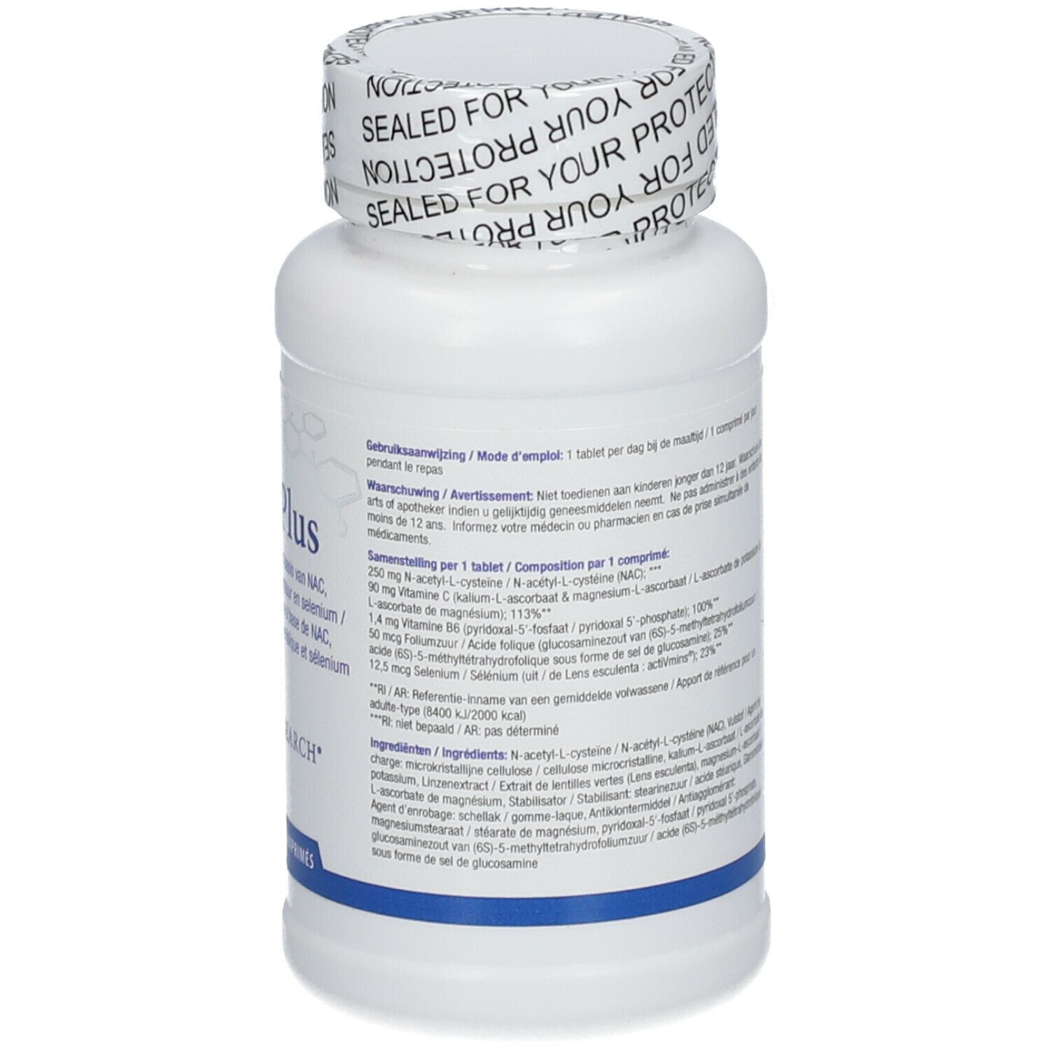 Dos du flacon blanc. Texte multilingue. Logo Biotics Research. 120 comprimés. Bouchon imprimé.