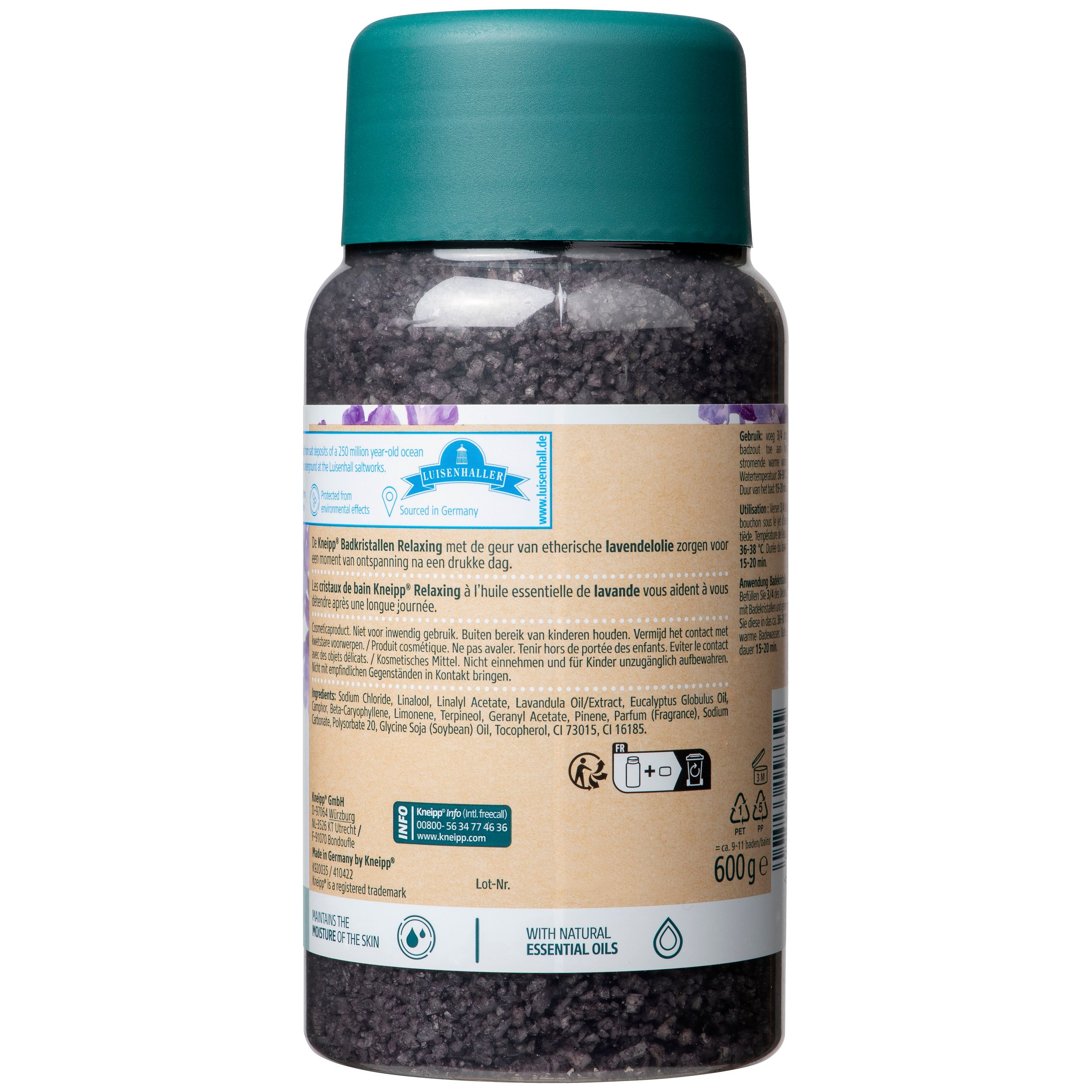 Dos du flacon de cristaux de bain Kneipp® Lavande. Informations textuelles, ingrédients, coordonnées du fabricant et consignes de recyclage.
