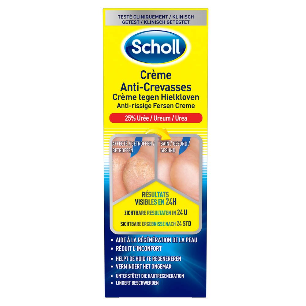 Tube de Scholl® Crème Anti-Crevasses K+™. Tube jaune et blanc avec nom et logo du produit. Contient du texte en plusieurs langues.