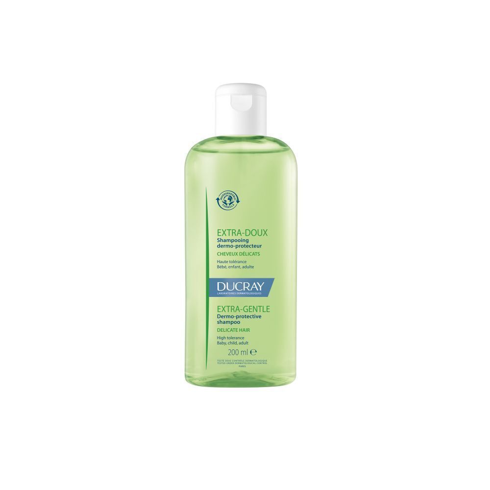 Grüne Shampoo-Flasche mit weißem Deckel. Aufschrift: EXTRA-DOUX, Shampooing dermo-protecteur, DUCRAY. 200 ml.