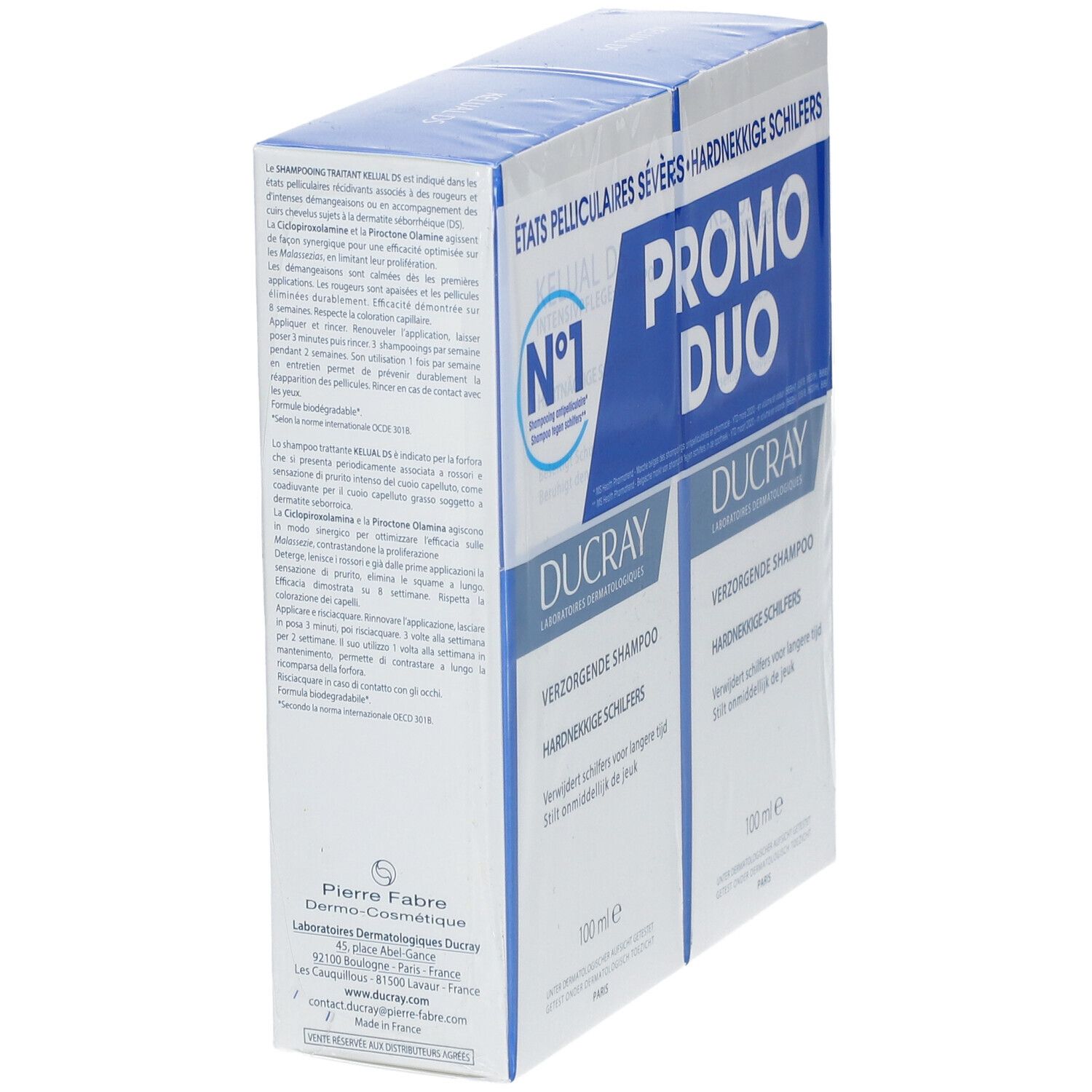 Zwei Kartons DUCRAY Shampoo. Seitenansicht mit Text. Aufschrift: PROMO DUO, États Pelliculaires Sévères, 100 ml. Verpackung.