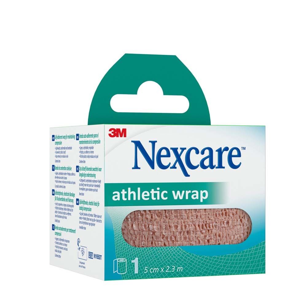 Nexcare Athletic Wrap. Beige, 5 cm x 2,3 m. Verpackung mit Text in mehreren Sprachen.