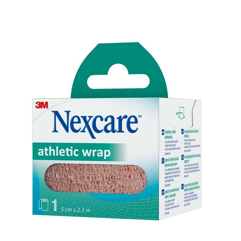 Rückseite der Nexcare Athletic Wrap Verpackung. Beige, 5 cm x 2,3 m. Informationen und Symbole.