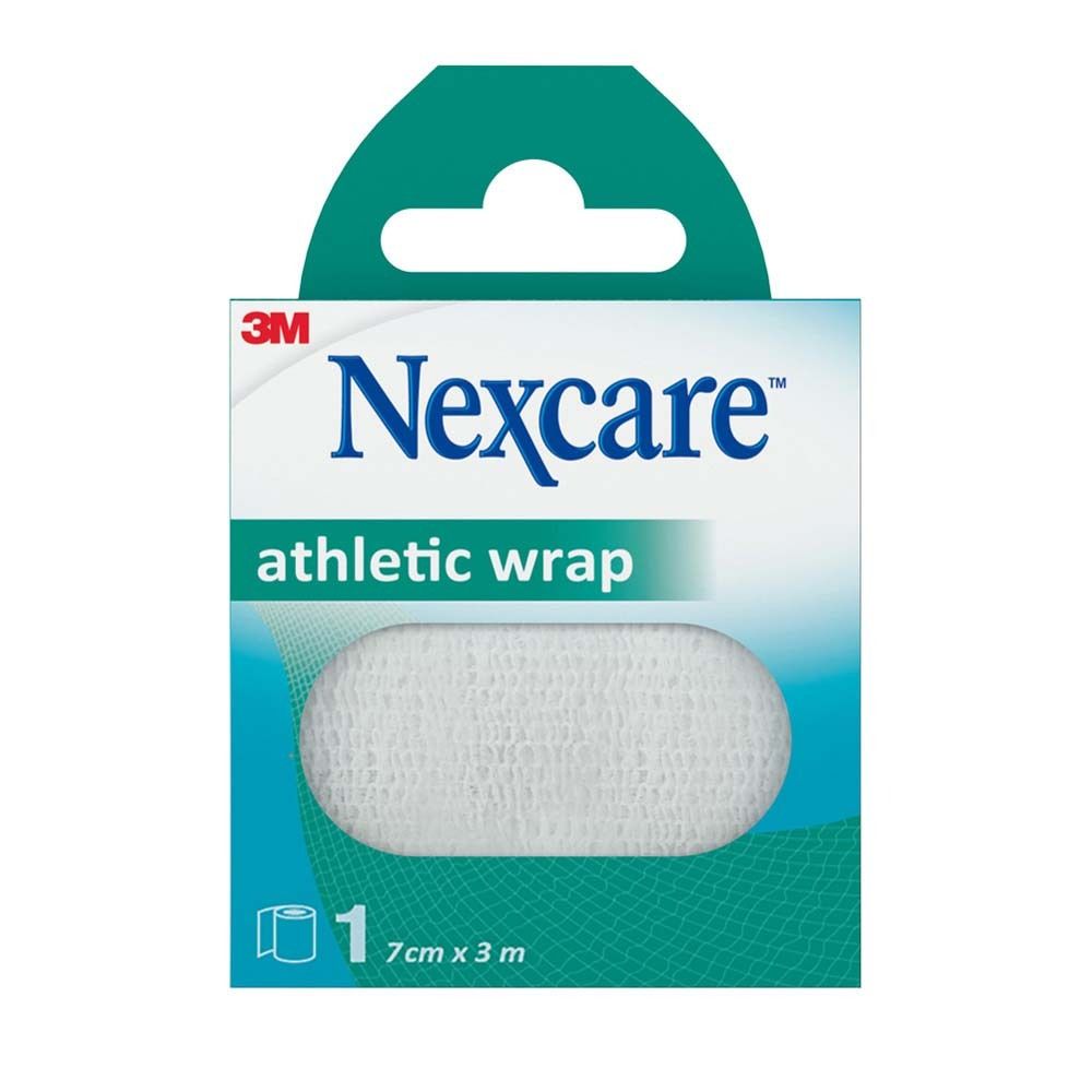 Nexcare Athletic Wrap. Weiße, elastische Bandage in Verpackung. 7 cm x 3 m.