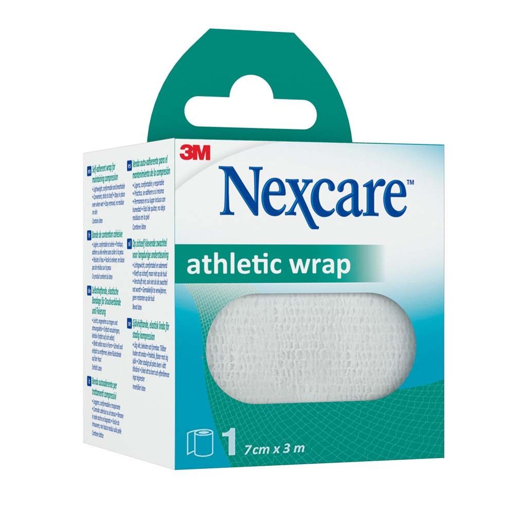 Nexcare Athletic Wrap. Weiße, elastische Bandage in Verpackung. 7 cm x 3 m.