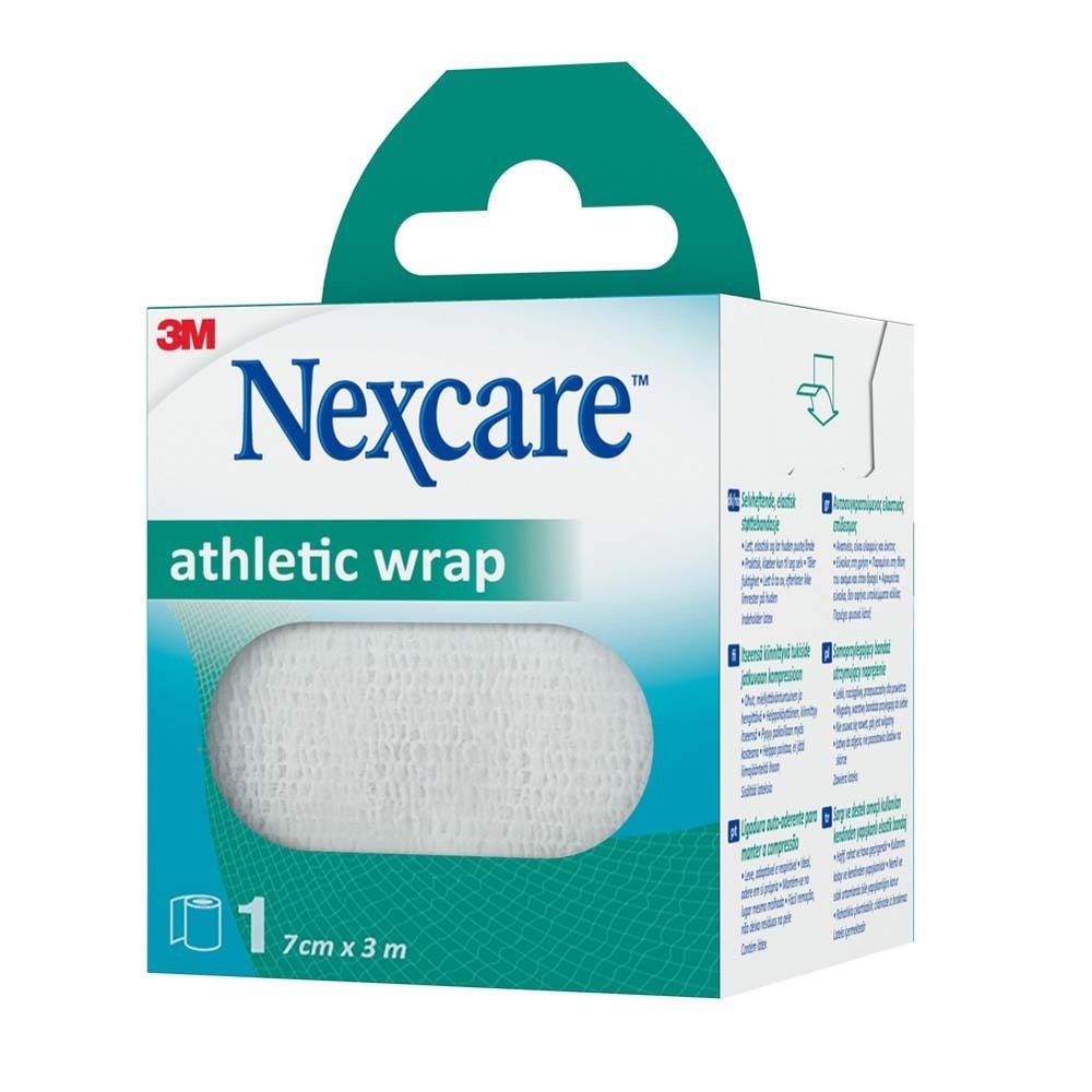 Nexcare Athletic Wrap. Weiße, elastische Bandage in Verpackung. 7 cm x 3 m.