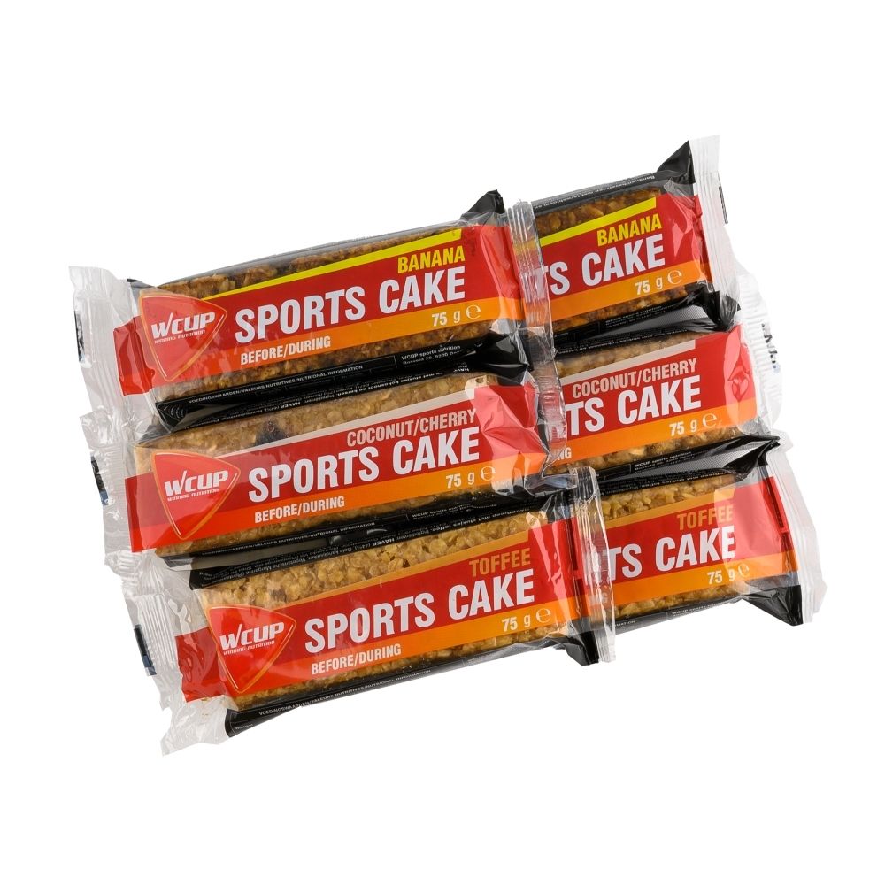 Sechs einzeln verpackte Sportriegel in den Geschmacksrichtungen Banane, Kokosnuss/Kirsche und Toffee.