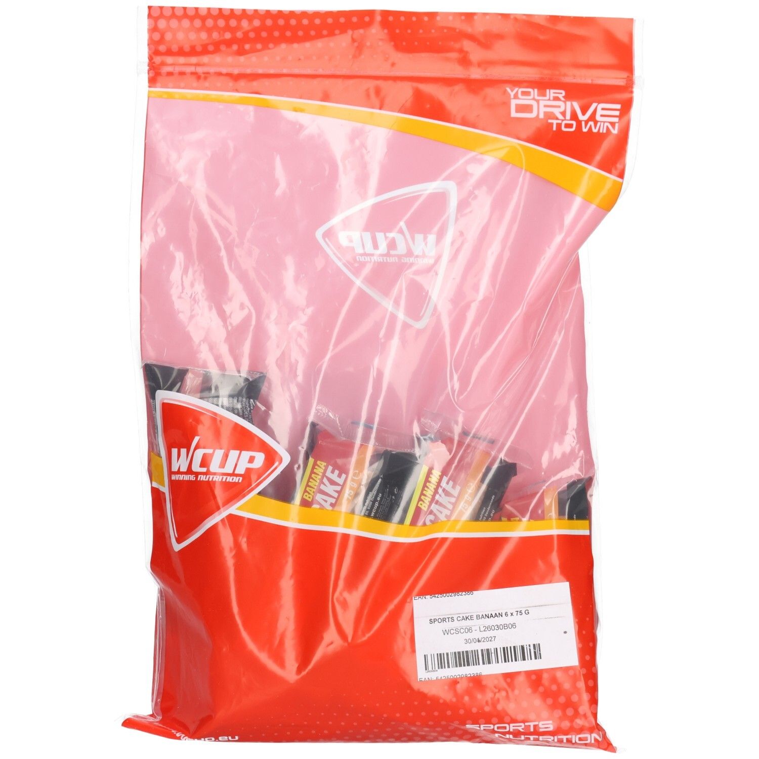 Verpackung mit mehreren WCUP Sports Cake Banane Riegeln.